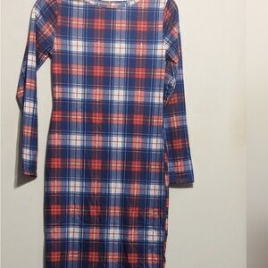 Elegant Plaid Long Sleeve Dress - Red and Blue